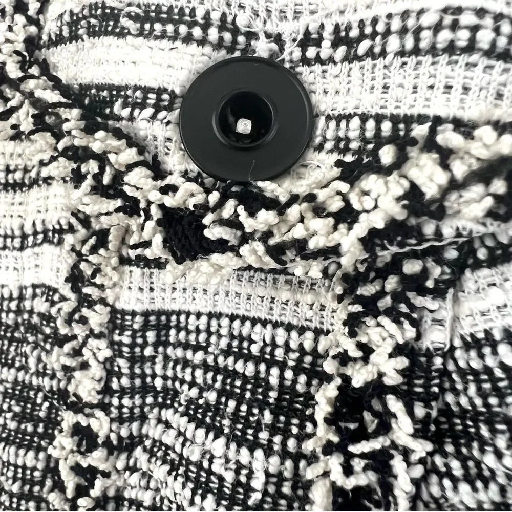 1. State Black Cream Fringe Tweed Button Front Long Sleeve Blazer Jacket